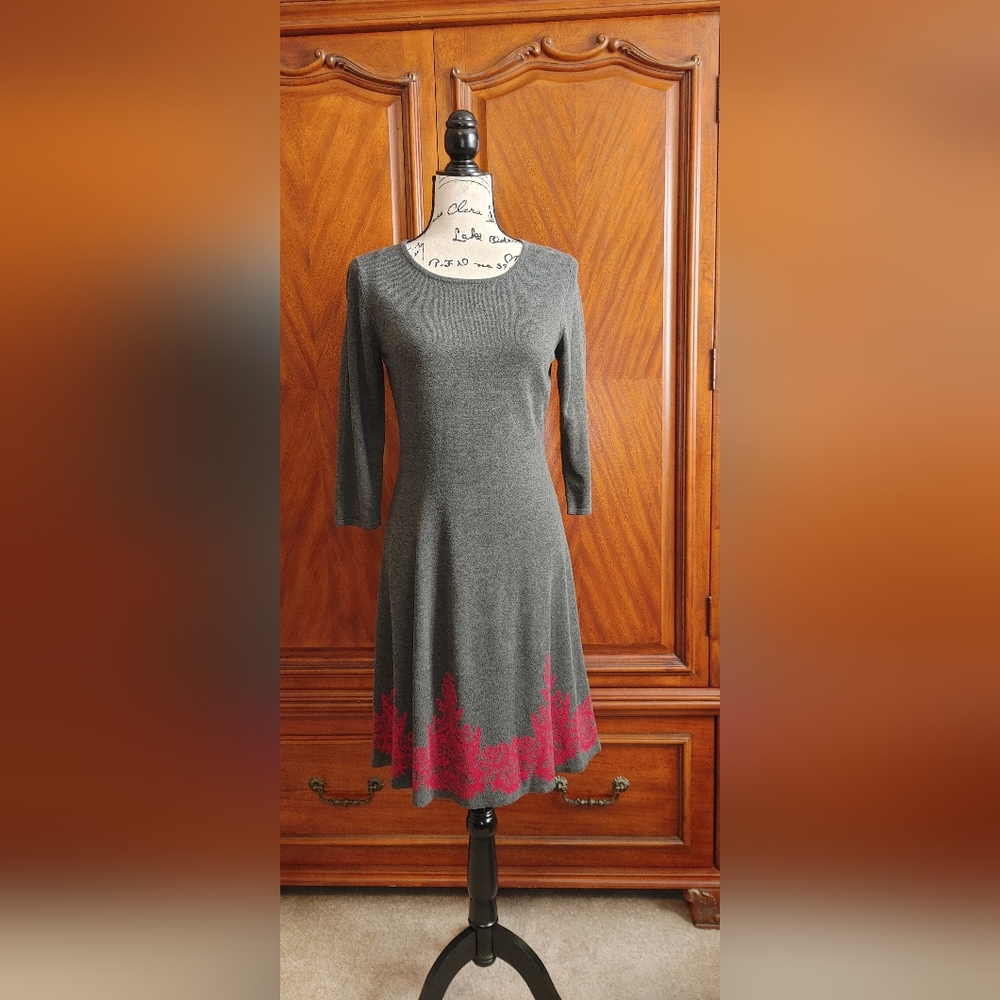 Cato gray sweater dress with red lace look pattern at bottom, size S